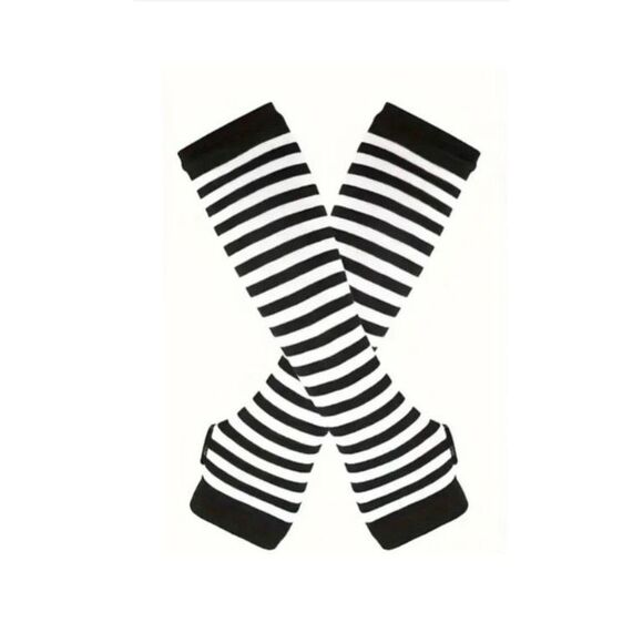 Black & White Striped Fingerless Gloves Punk Goth Emo Scene Arm Warmers - Picture 3 of 6